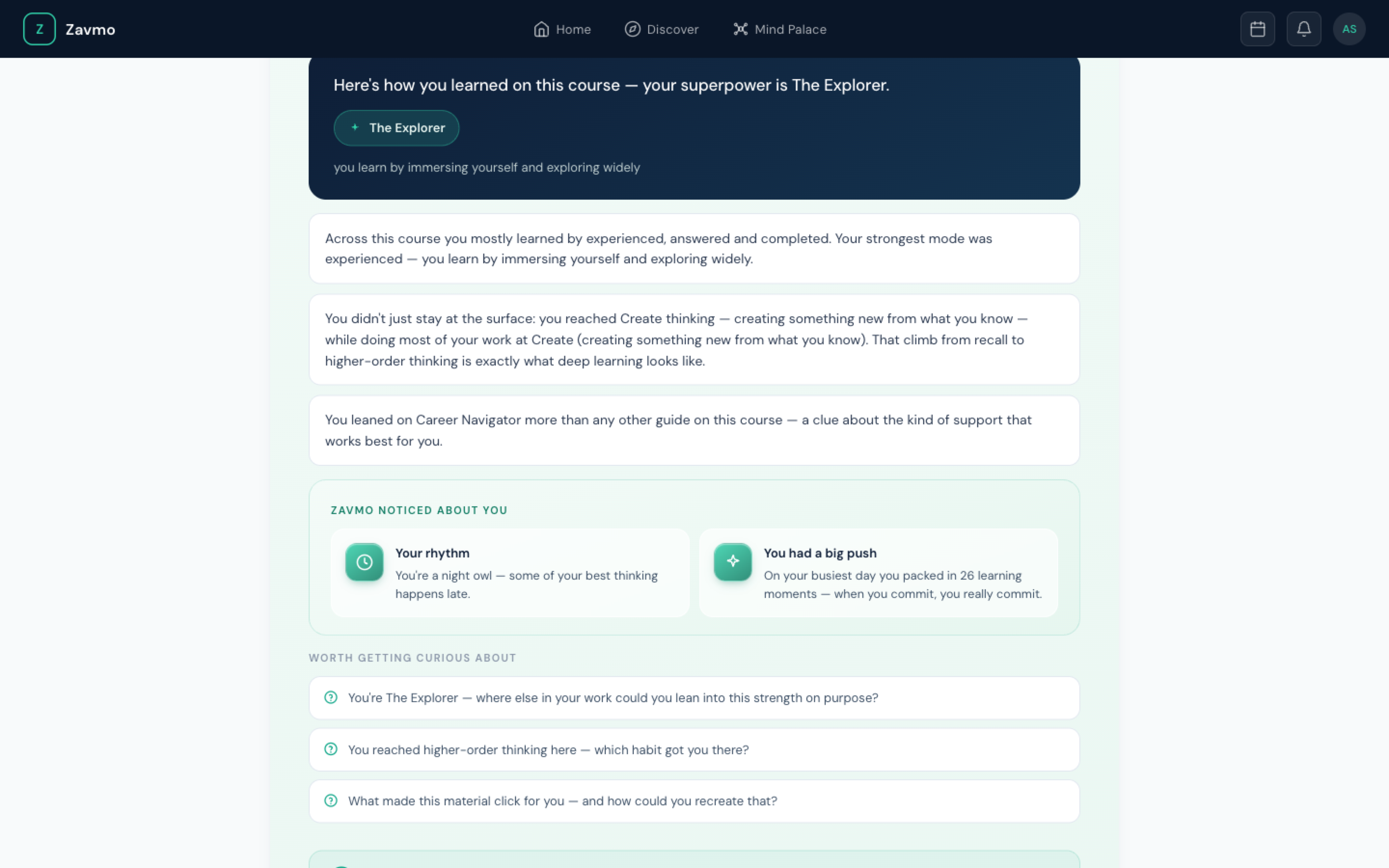 A Zavmo end-of-course summary telling the learner how they learned: their strongest mode, the level of thinking they reached, which guide they leaned on, when they work best, and questions to get curious about.
